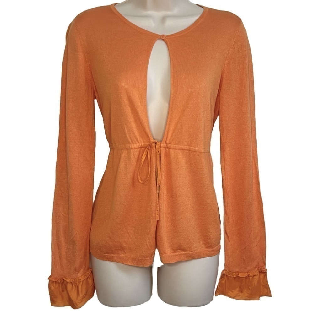 White + Warren Silk Cotton Knit Button Tie Long Sleeve Cardigan Orange Medium